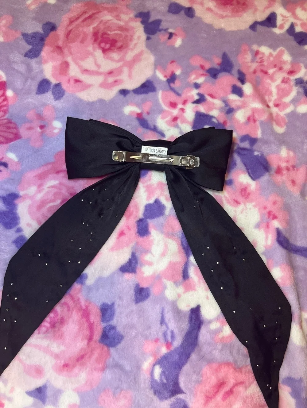 Hello Kitty Black Faux Pearl Rhinestone Bow Hair Barrette